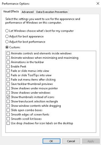 Turn off shadowing and visual effects